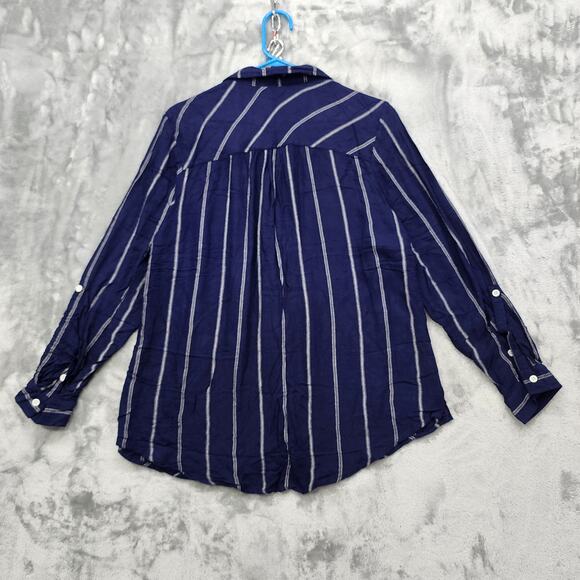 DB Established 1962 Top Womens 1X Blue White Striped Button Up Roll Tab Sleeves - Picture 3 of 10